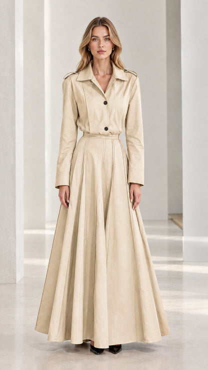 Front view of cream beige pleated long sleeve trench maxi dress