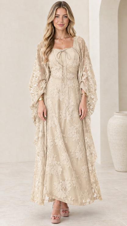 Front full view of champagne cream floral lace maxi dress