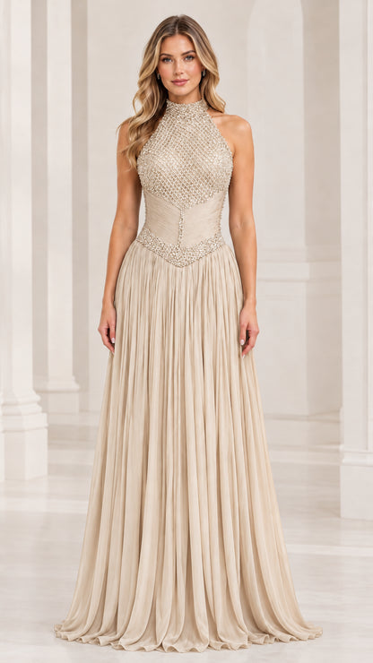 Front view of model wearing a champagne beige high-neck halter beaded pleated gown