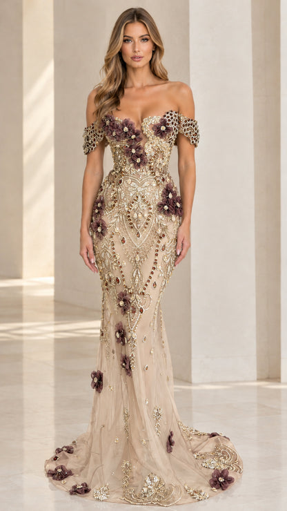 Champagne beige floral embroidered off-the-shoulder evening gown