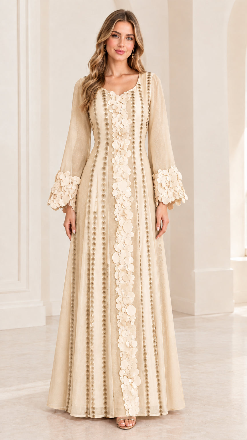 Full-length front view of champagne long sleeve evening gown with tonal floral detailing
