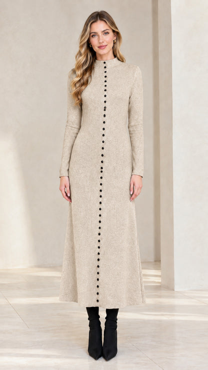 Model wearing Oatmeal Beige textured long sleeve button front maxi dress
