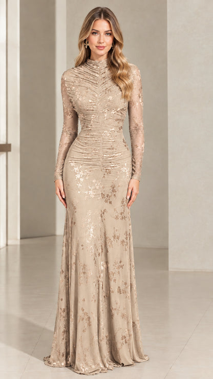 Front view of model wearing Champagne Ruched Floral Lace Maxi Dress