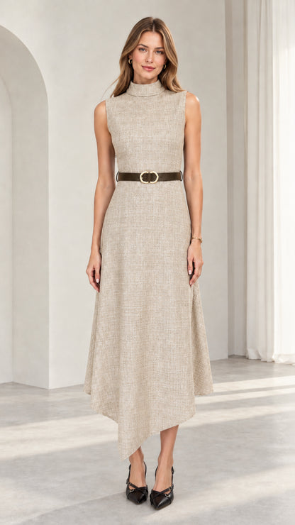 Model wearing oatmeal beige sleeveless mock neck asymmetrical midi dress