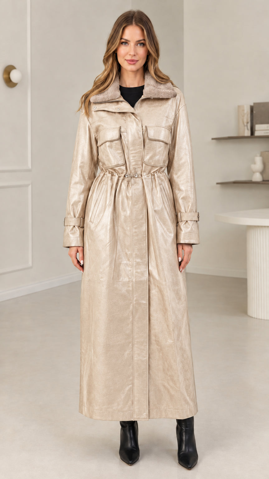 Full-length view of champagne beige faux leather long trench coat