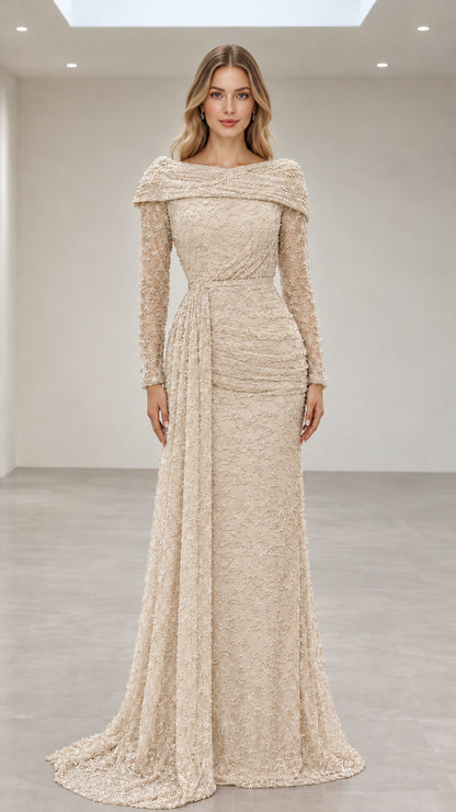 Champagne cream beaded long-sleeve evening gown with cascading drape