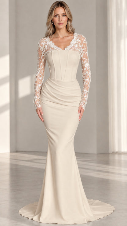 Champagne cream corset mermaid formal dress with lace sleeves