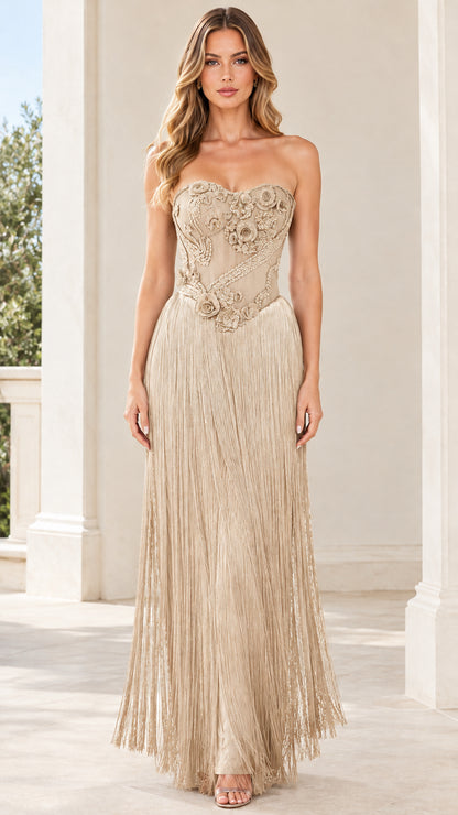 Champagne gold strapless corset fringe maxi evening gown