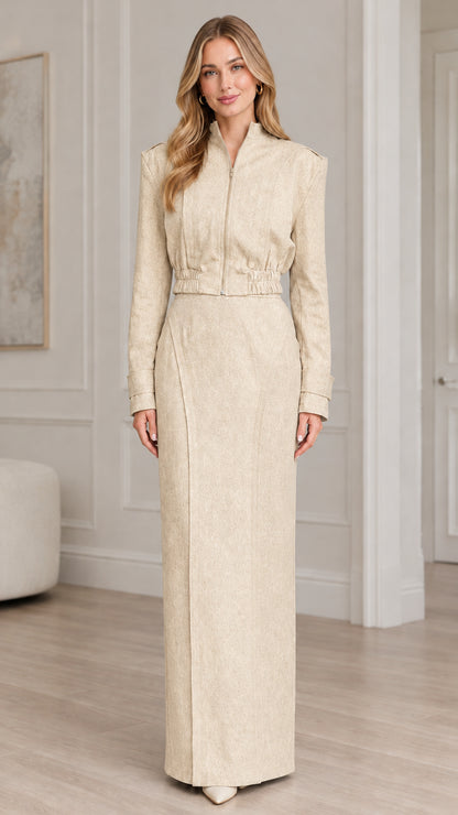Champagne beige elegant zip-front jacket and column maxi skirt set