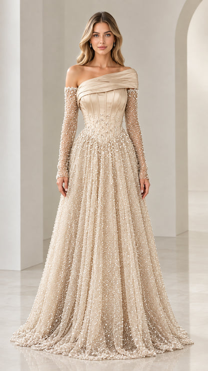 Champagne gold embellished corset evening gown with long sleeves